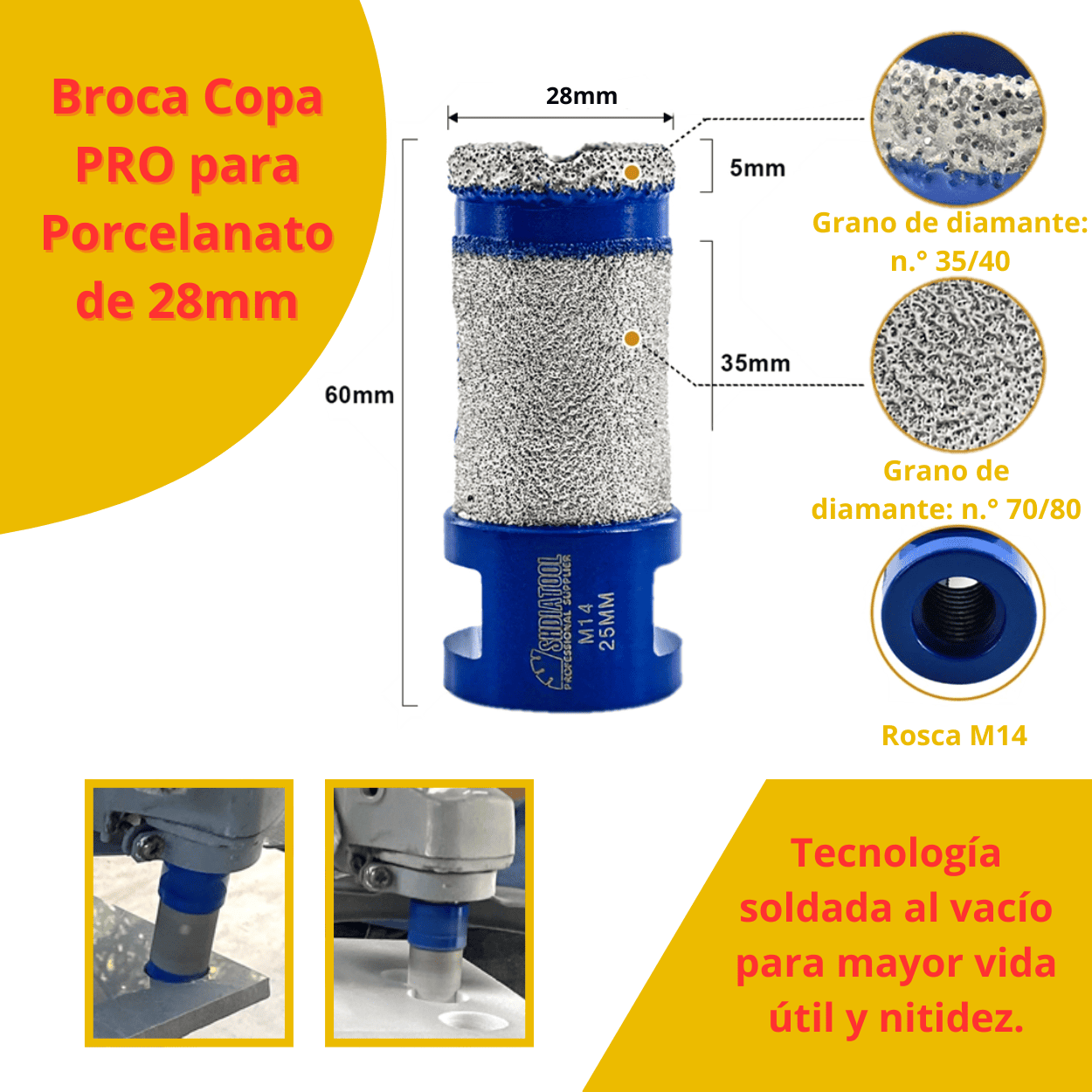 COPA DIAMANTADA PERFO-DESBASTE de 28mm, 32mm, 55mm, 60mm - (COD:100091 - 100092 - 100093 - 100094)