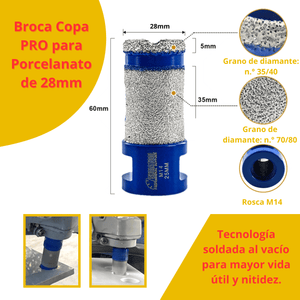 COPA DIAMANTADA PERFO-DESBASTE de 28mm, 32mm, 55mm, 60mm - (COD:100091 - 100092 - 100093 - 100094)