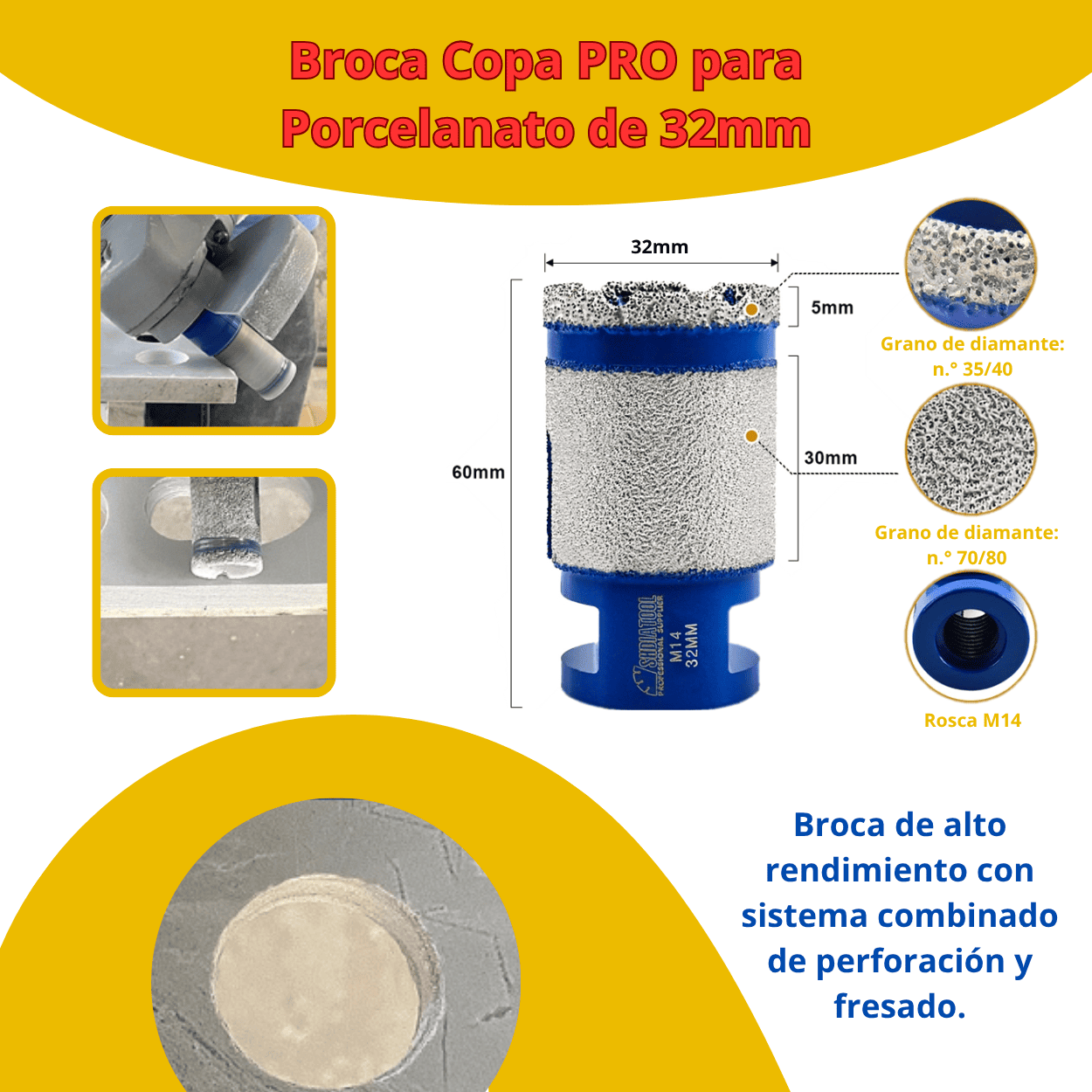 COPA DIAMANTADA PERFO-DESBASTE de 28mm, 32mm, 55mm, 60mm - (COD:100091 - 100092 - 100093 - 100094)