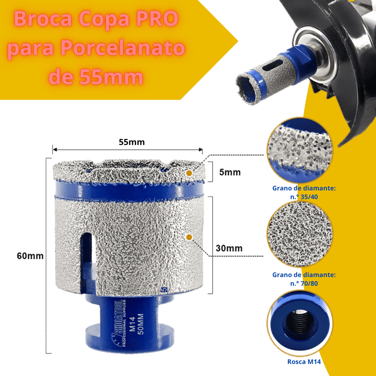 COPA DIAMANTADA PERFO-DESBASTE de 28mm, 32mm, 55mm, 60mm - (COD:100091 - 100092 - 100093 - 100094)