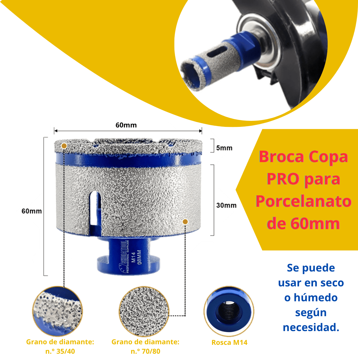 COPA DIAMANTADA PERFO-DESBASTE de 28mm, 32mm, 55mm, 60mm - (COD:100091 - 100092 - 100093 - 100094)