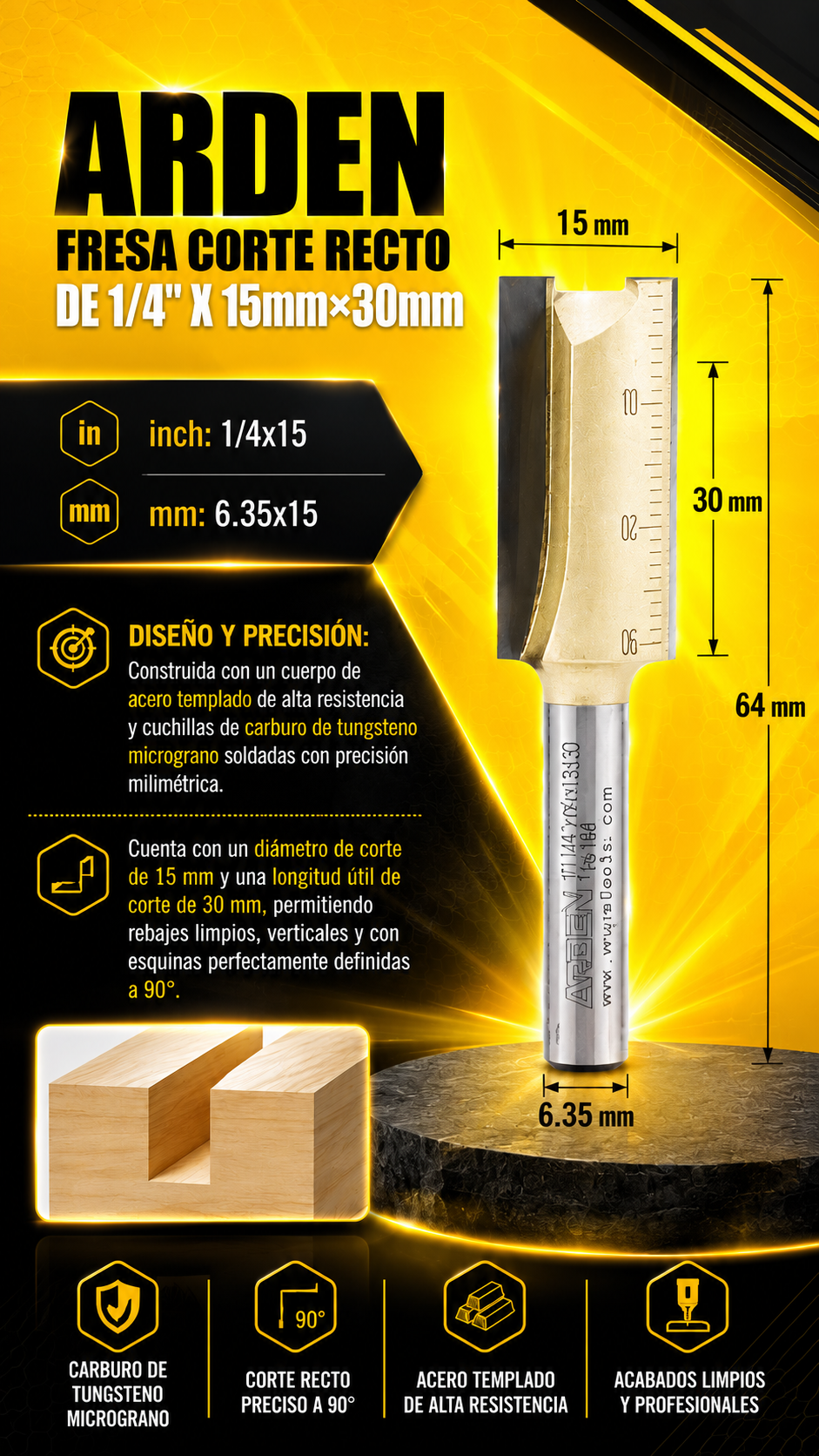 ARDEN FRESA CORTE RECTO DE 1/4" X 15mm×30mm - Cod:101020
