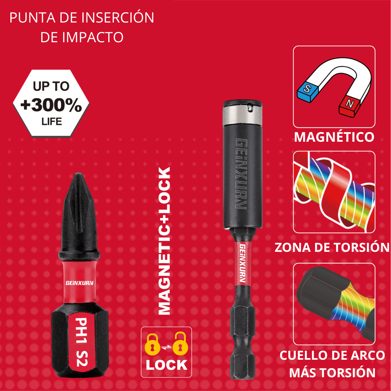 Punta de Impacto PZ2 x 25 mm Rojo & Guía Magnética LOCK de 75 mm – COD:100429 - 100297