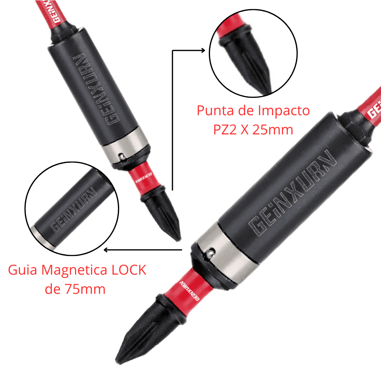 Punta de Impacto PZ2 x 25 mm Rojo & Guía Magnética LOCK de 75 mm – COD:100429 - 100297