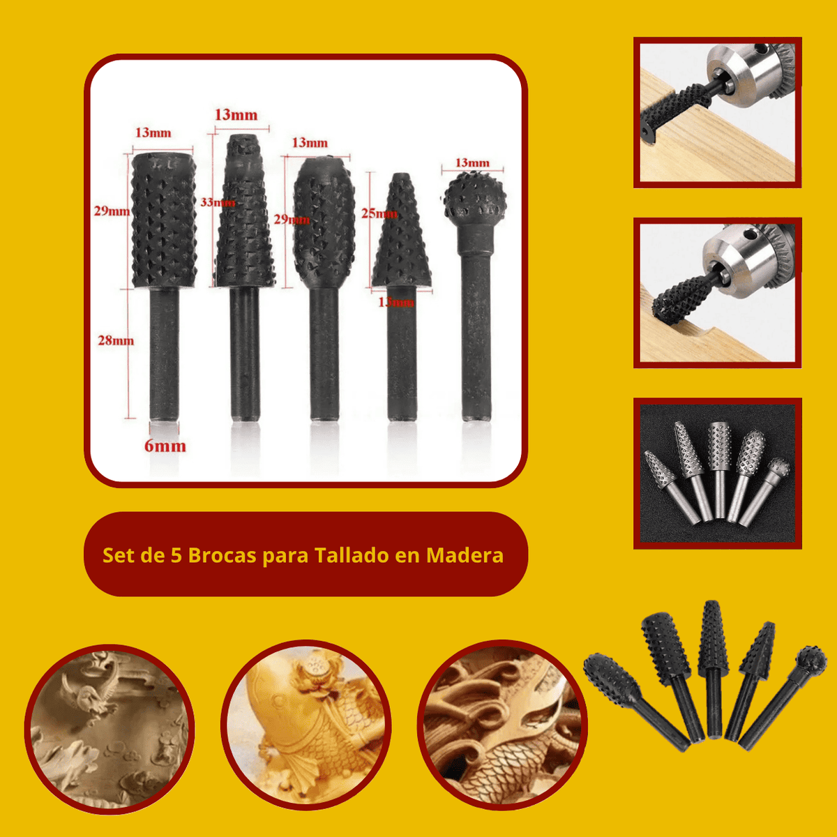 SET 5 BROCAS BURR PARA TALLADO EN MADERA - COD:100490