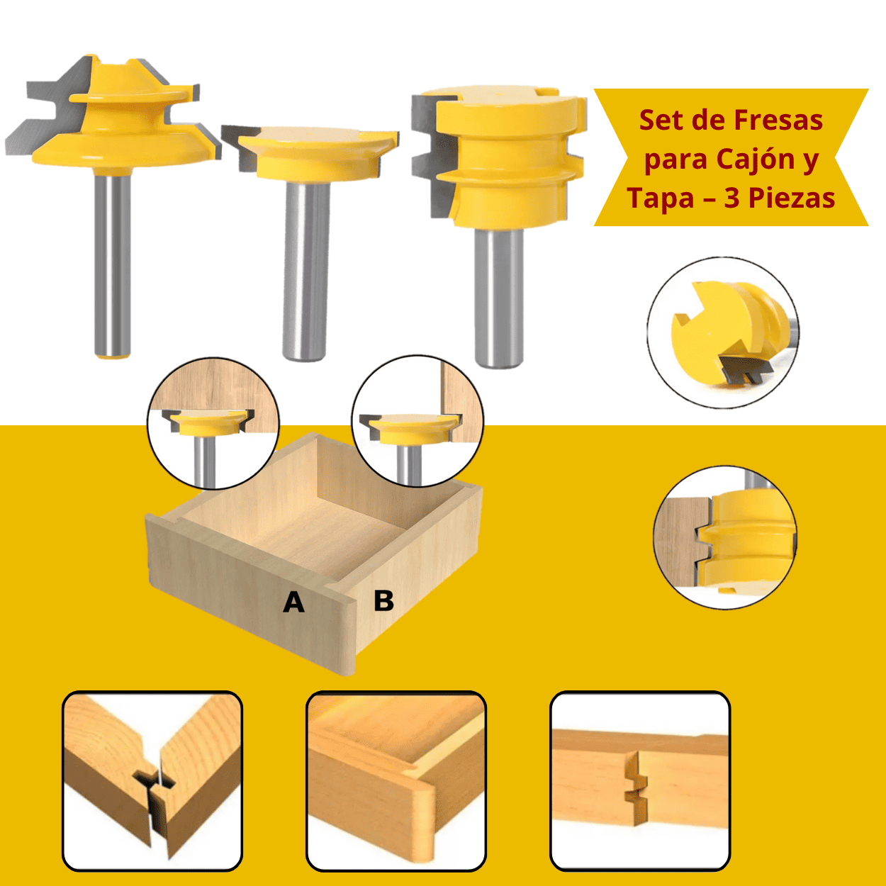 SET 3 FRESAS PARA CAJON Y TAPA - Vástago 1/2 - COD:100277