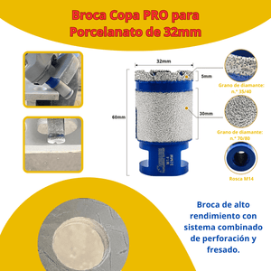 COPA DIAMANTADA PERFO-DESBASTE de 28mm, 32mm, 55mm, 60mm - (COD:100091 - 100092 - 100093 - 100094)