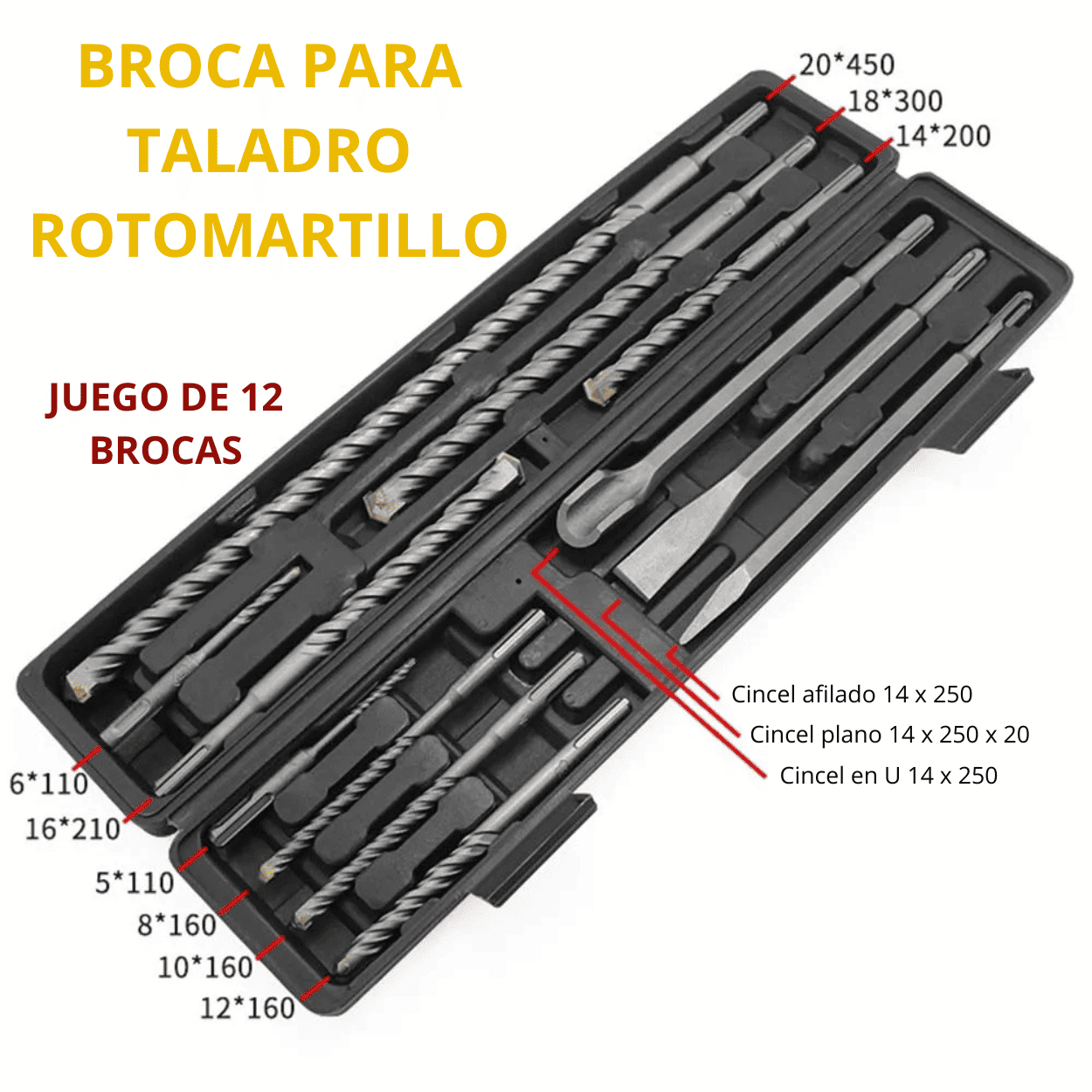 SET 12 BROCAS SDS PLUS Y Cinceles Para Taladro – ROTOMARTILLO - COD:100472