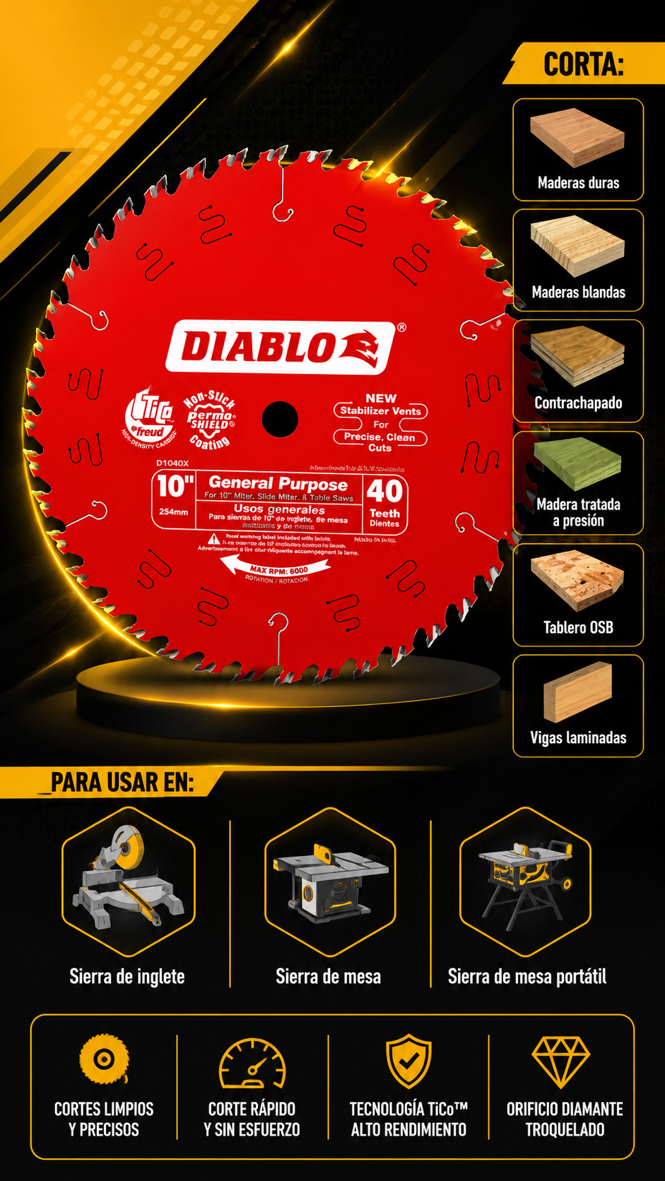 DIABLO D1040X  RIPPING  10" EJE 5/8 - 40 DIENTES - COD:100505