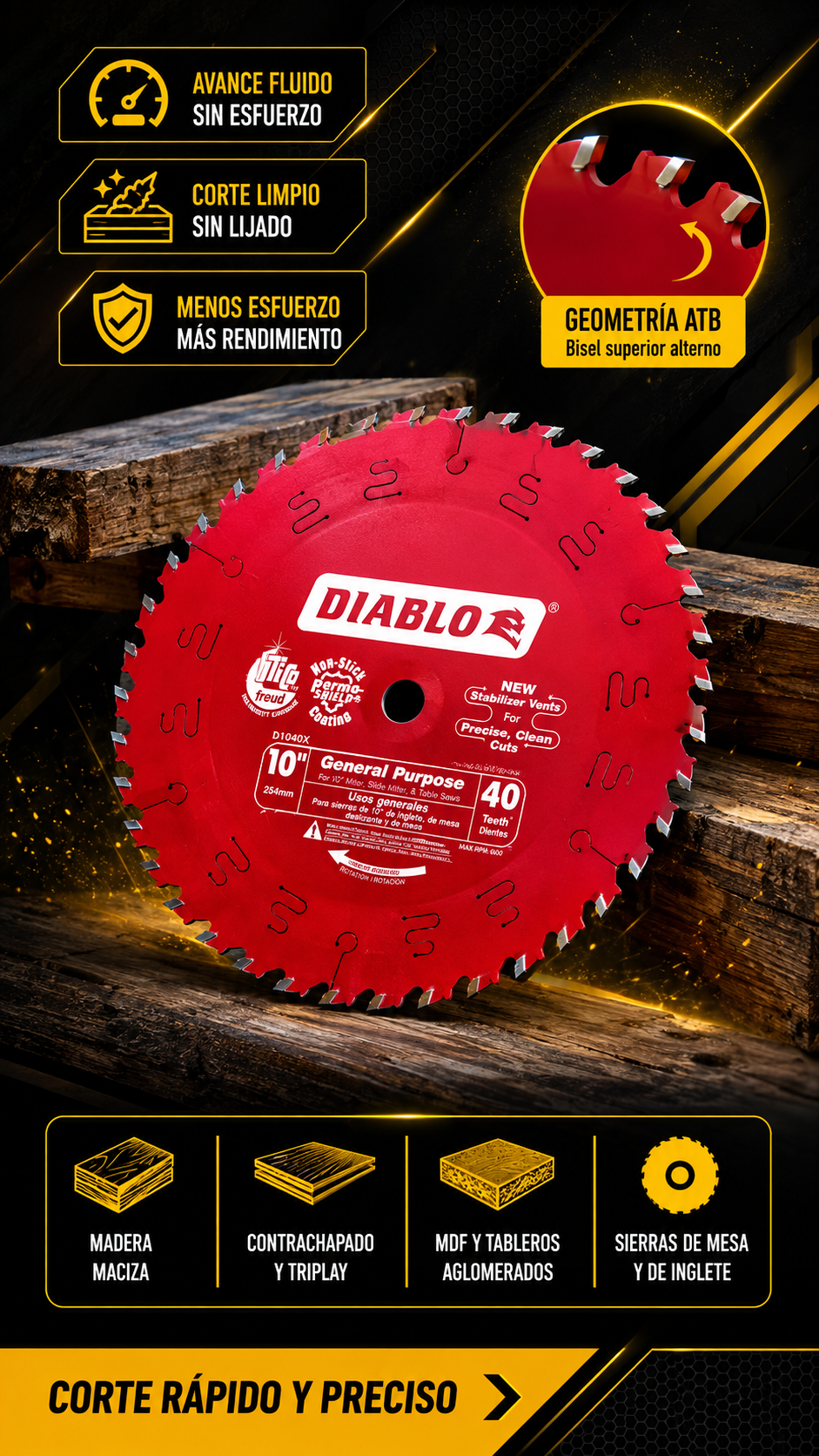 DIABLO D1040X  RIPPING  10" EJE 5/8 - 40 DIENTES - COD:100505