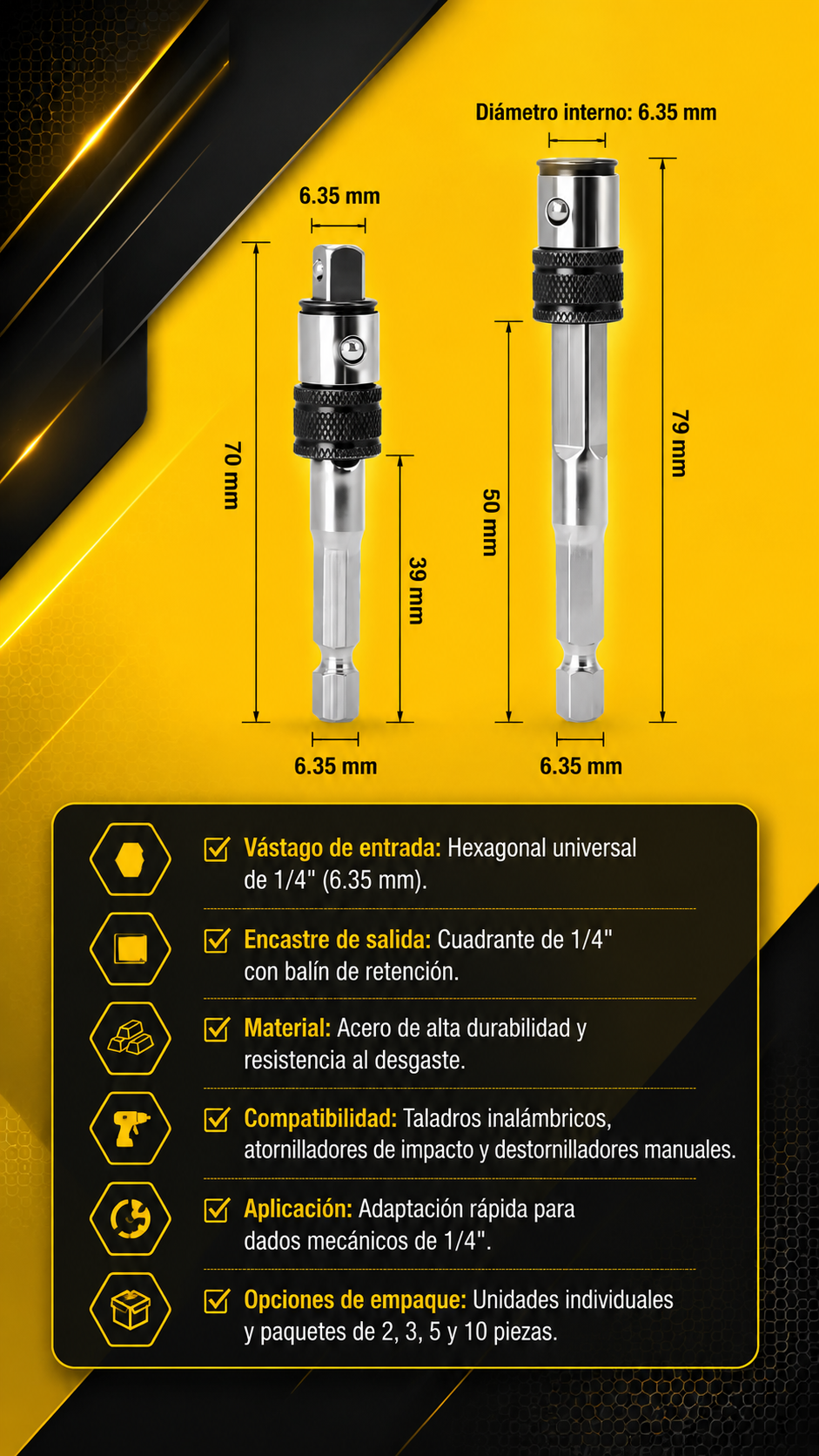 EXTENSIÓN HEXAGONAL 1/4 A DADOS 1/4 - COD:101018