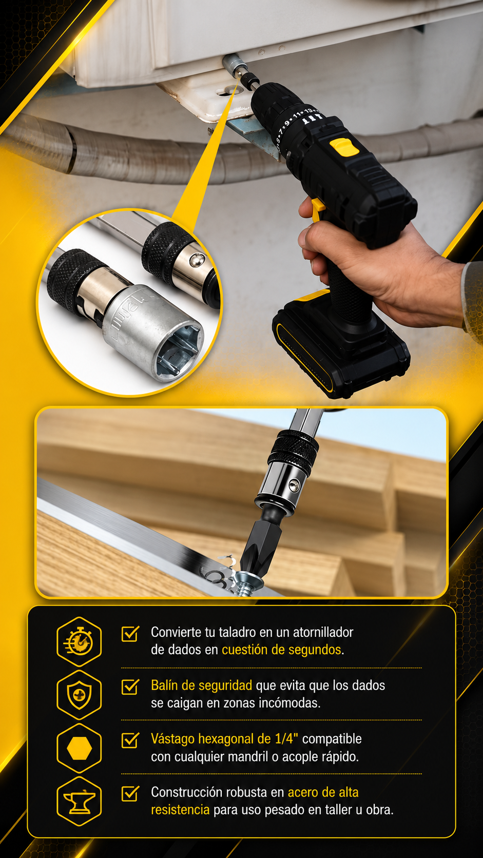 EXTENSIÓN HEXAGONAL 1/4 A DADOS 1/4 - COD:101018