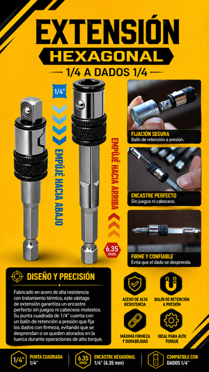 EXTENSIÓN HEXAGONAL 1/4 A DADOS 1/4 - COD:101018