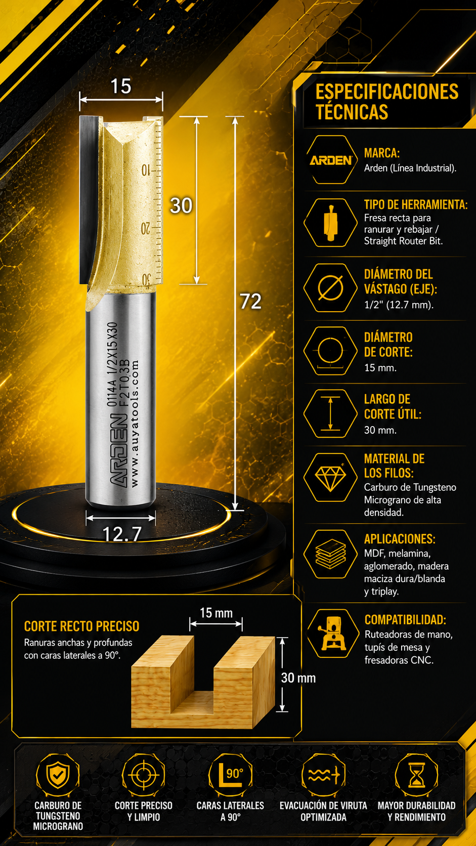 ARDEN FRESA CORTE RECTO DE 1/2" X 15mm×30mm - COD:101019