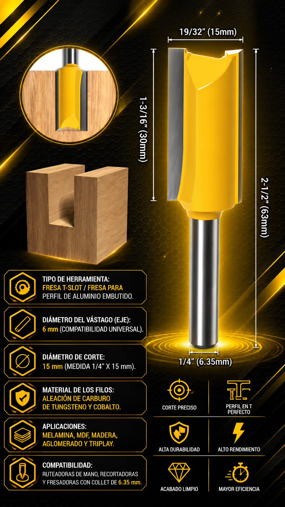 FRESA PARA PERFIL DE ALUMINIO 1/4X15MM - COD:101022