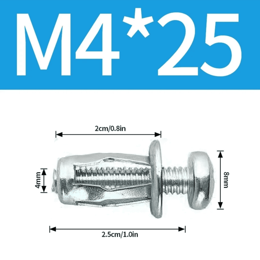 100 TUERCA Y TORNILLO EXPANSIVO DE 25MM  M4, M5, M6 y M8 - (COD:100321 - 100323 - 100325 - 100327)