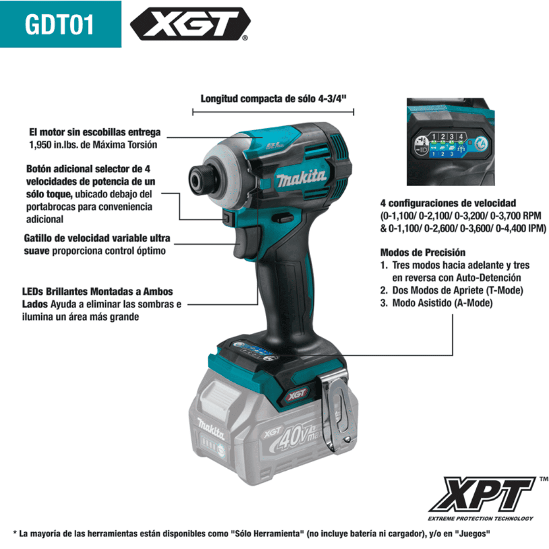 ATORNILLADOR DE IMPACTO GDT01Z INALÁMBRICO XGT® DE 40V - CODIGO:100678