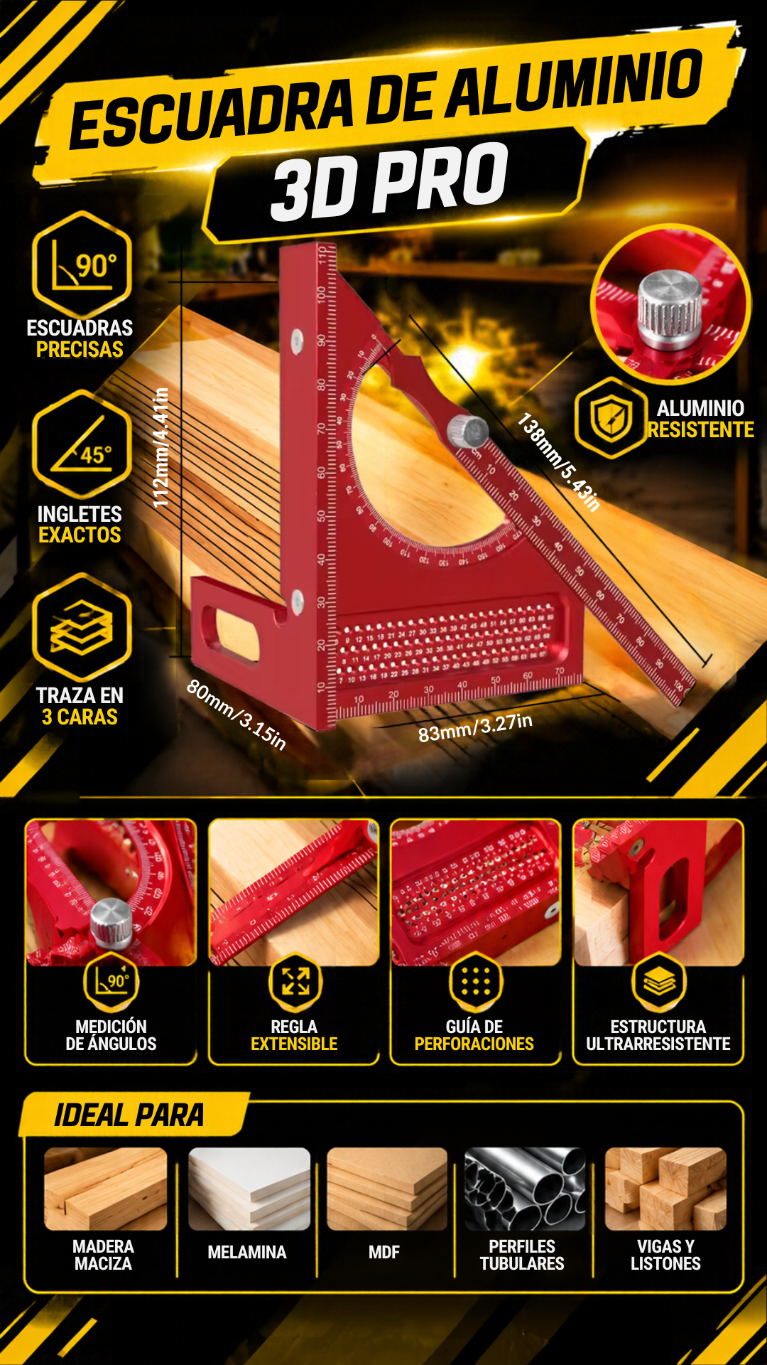 ESCUADRA DE  ALUMINIO 3D PRO - 101034