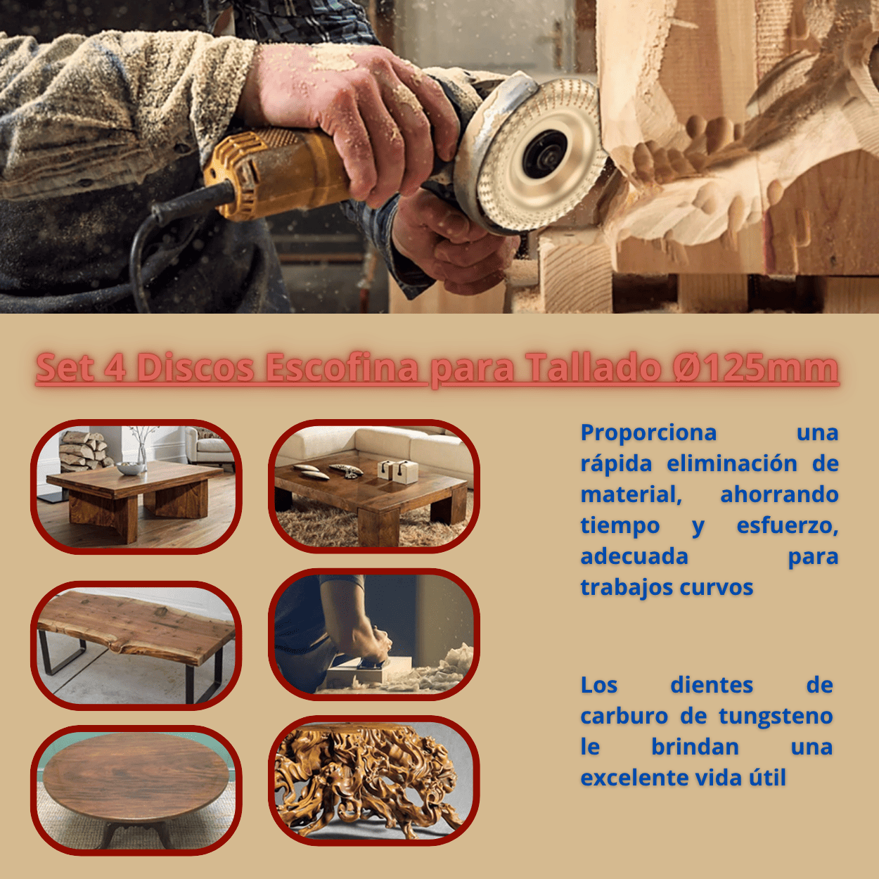 SET 4 DISCOS ESCOFINA PARA TALLADO Ø125mm - COD:100485