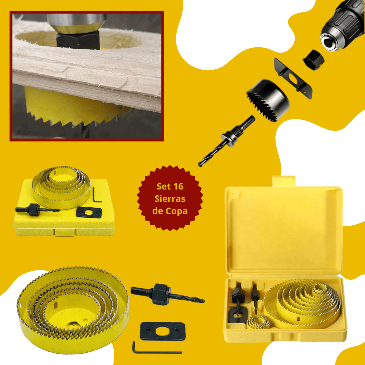 SET 16 SIERRAS DE COPAS PARA MADERA -  Acero al Carbono de 19mm - 127mm - COD:100303