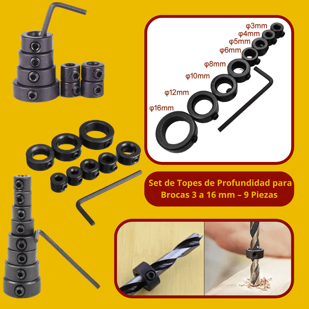 SET 9 TOPES DE PROFUNDIDAD PARA BROCAS - 3 a 16 mm - COD:100541