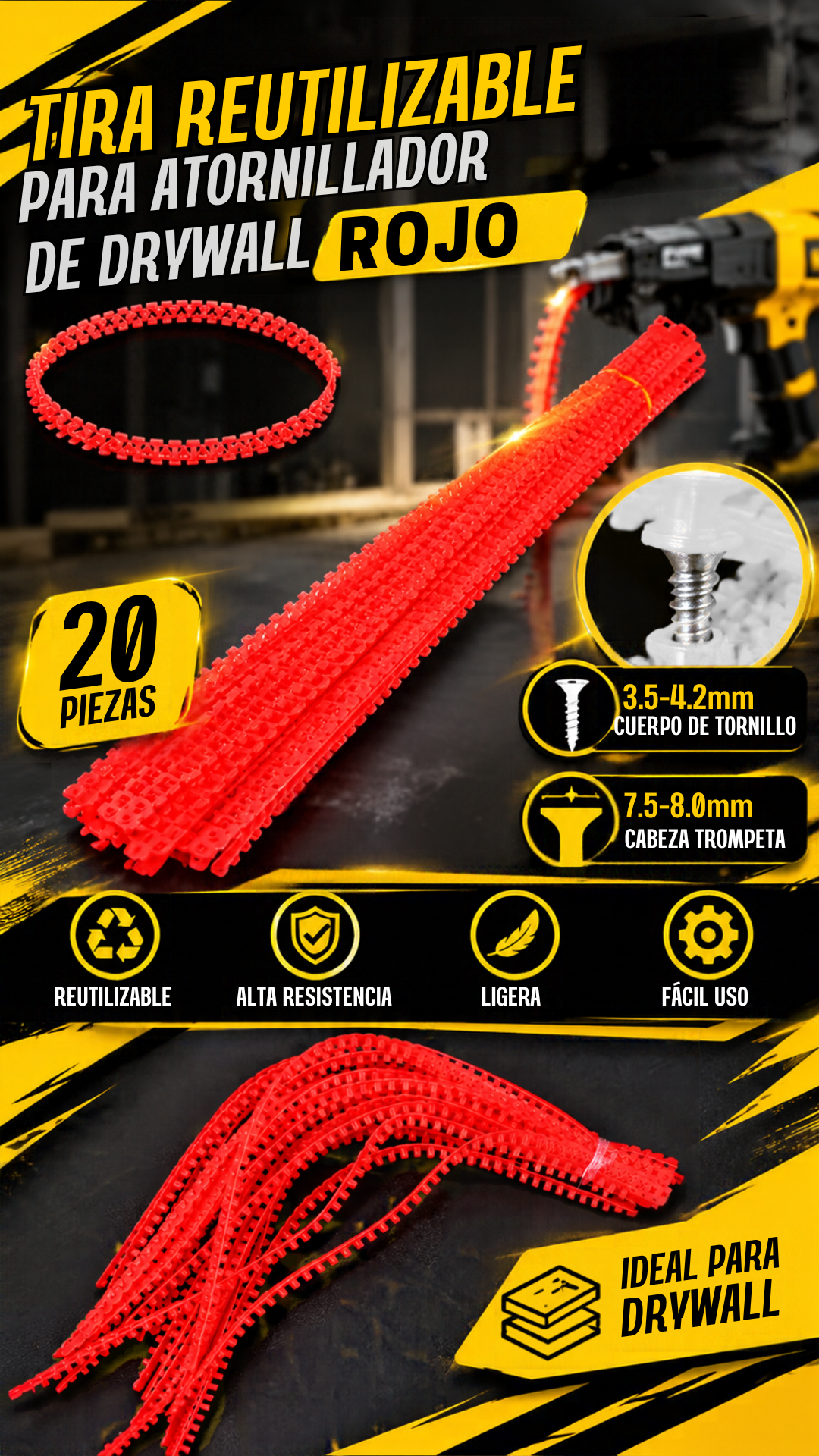 TIRA REUTILIZABLE PARA ATORNILLADOR DE DRYWALL ROJO - 100697